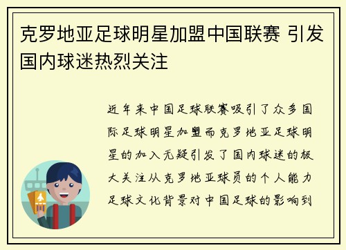 克罗地亚足球明星加盟中国联赛 引发国内球迷热烈关注